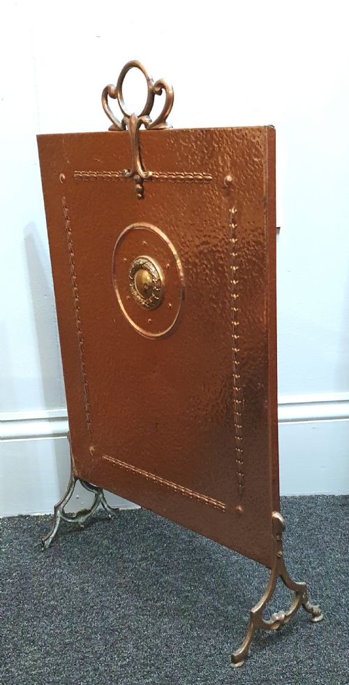 ARTS CRAFTS COPPER FIRESCREEN WITH HANDLE BRASS ACCENTS C1890 - ADDITIONAL PHOTO 6