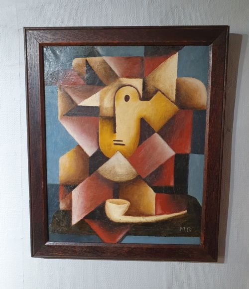french oil on canvas cubist painting of a man with pipe - CATEGORY: ANTIQUE ART - DATED 1930