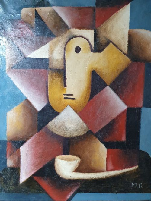 FRENCH OIL ON CANVAS CUBIST PAINTING OF A MAN WITH PIPE - ADDITIONAL PHOTO 3