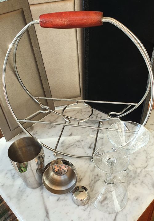 RARE FRENCH DECO CHROME COCKTAIL SHAKER MARTINI SET IN CRADLE CHROME HOLDER WITH LEATHER HANDLE - ADDITIONAL PHOTO 3