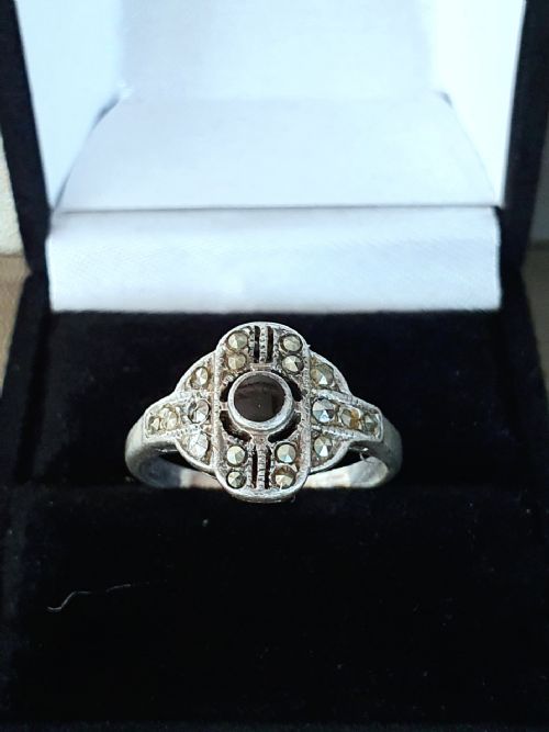 1930s art deco marcasite onyx odeon silver ring size o - CATEGORY: ANTIQUE JEWELLERY - DATED 1930