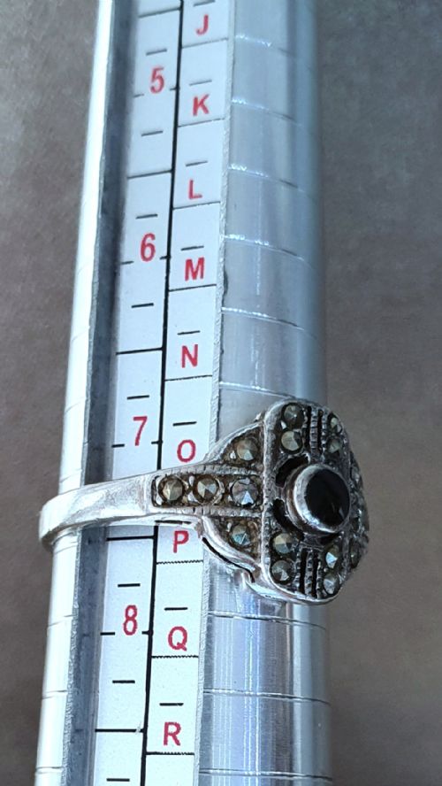 1930S ART DECO MARCASITE ONYX ODEON SILVER RING SIZE O - ADDITIONAL PHOTO 2