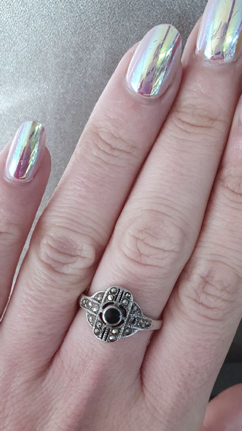 1930S ART DECO MARCASITE ONYX ODEON SILVER RING SIZE O - ADDITIONAL PHOTO 3