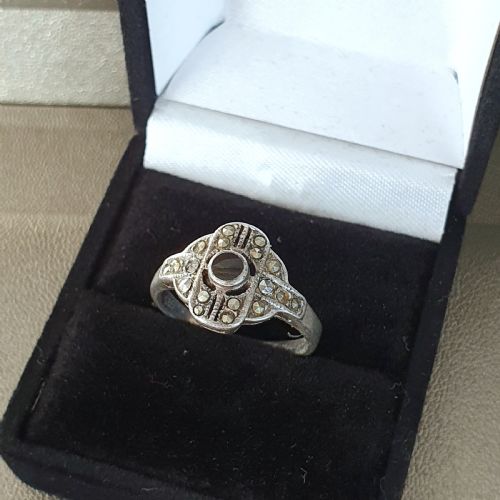 1930S ART DECO MARCASITE ONYX ODEON SILVER RING SIZE O - ADDITIONAL PHOTO 6