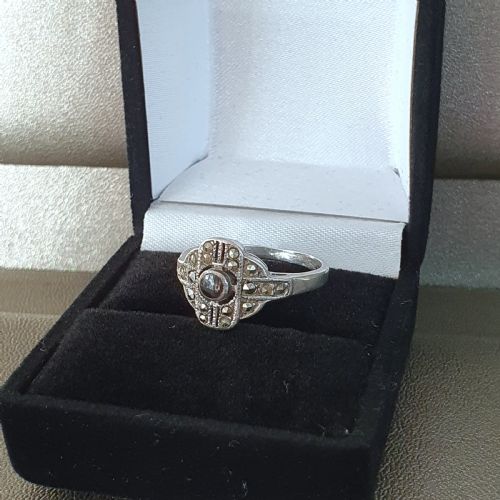 1930S ART DECO MARCASITE ONYX ODEON SILVER RING SIZE O - ADDITIONAL PHOTO 9