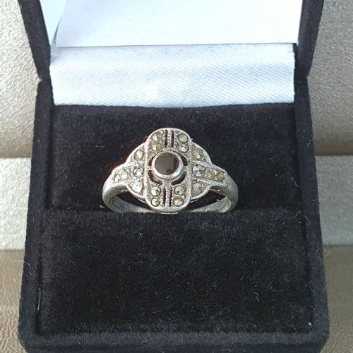 1930S ART DECO MARCASITE ONYX ODEON SILVER RING SIZE O - ADDITIONAL PHOTO 10