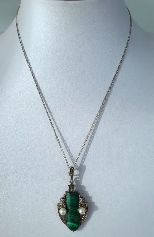 ART DECO MALACHITE MARCASITE PEARL 925 SILVER PENDANT ON SILVER CHAIN NECKLACE - ADDITIONAL PHOTO 1