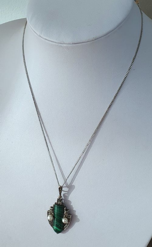 ART DECO MALACHITE MARCASITE PEARL 925 SILVER PENDANT ON SILVER CHAIN NECKLACE - ADDITIONAL PHOTO 2