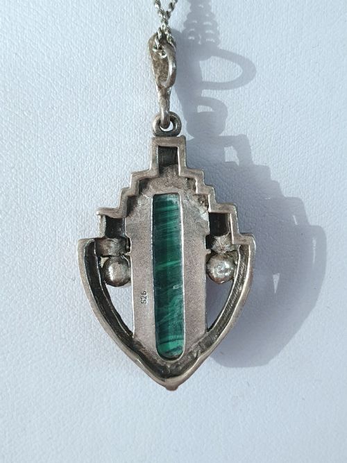 ART DECO MALACHITE MARCASITE PEARL 925 SILVER PENDANT ON SILVER CHAIN NECKLACE - ADDITIONAL PHOTO 3
