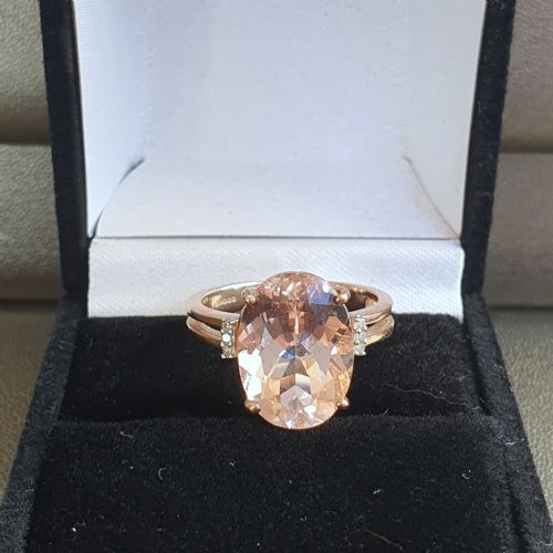 LARGE MORGANITE WITH DIAMOND SHOULDERS 9CT ROSE GOLD RING SIZE N - ADDITIONAL PHOTO 8