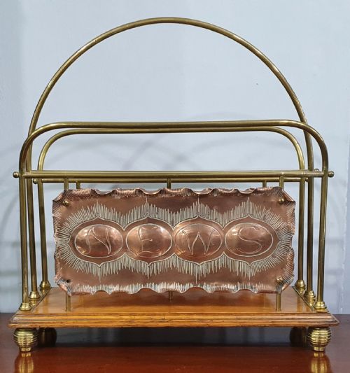 arts and crafts copper brass and oak newspaper rack c1910 - CATEGORY: ANTIQUE MISCELLANEOUS - DATED 1910