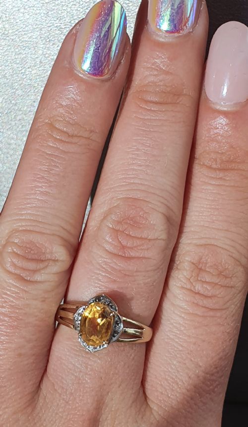 VINTAGE CITRINE DIAMOND EDGED 9CT GOLD RING SIZE NO - ADDITIONAL PHOTO 3