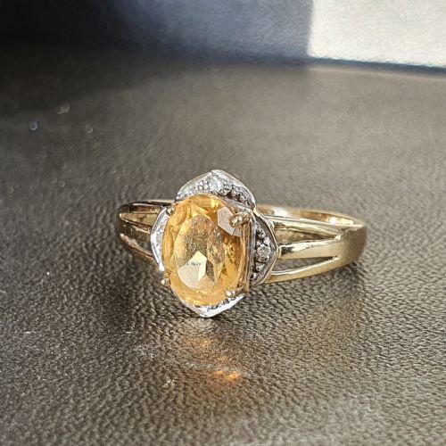 VINTAGE CITRINE DIAMOND EDGED 9CT GOLD RING SIZE NO - ADDITIONAL PHOTO 5