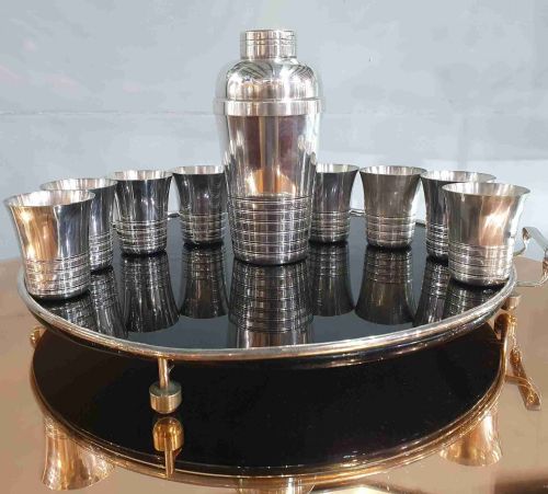 french art deco cocktail set of tray shaker 8 beakers in silver plate c1930 - CATEGORY: ANTIQUE SILVER - DATED 1930
