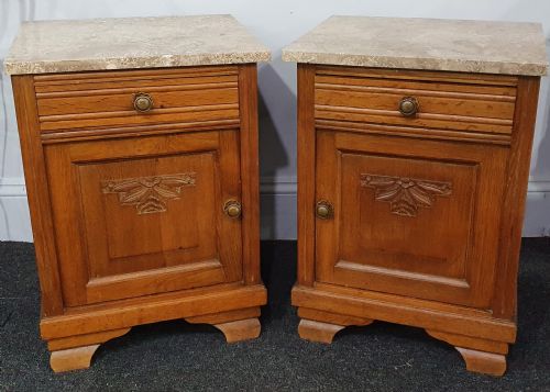 PAIR OF OAK FRENCH MARBLE TOPPED BEDSIDE CABINETS EARLY 1900S - ADDITIONAL PHOTO 7