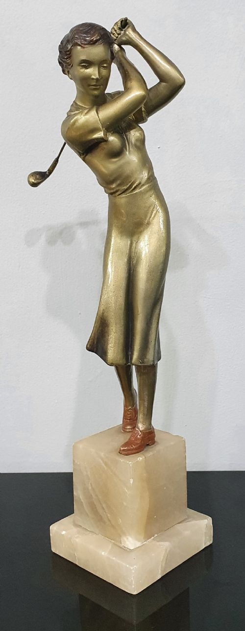 joseph lorenzl art deco original cast of a female golfer c192030 - CATEGORY: ANTIQUE METAL - DATED 1920