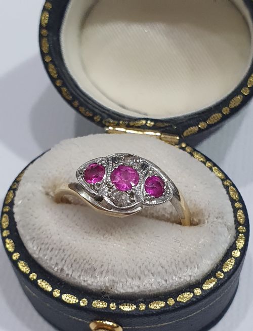 EDWARDIAN ART DECO PLATINUM SET RUBY DIAMOND 18CT GOLD TRILOGY SIZE K - ADDITIONAL PHOTO 2