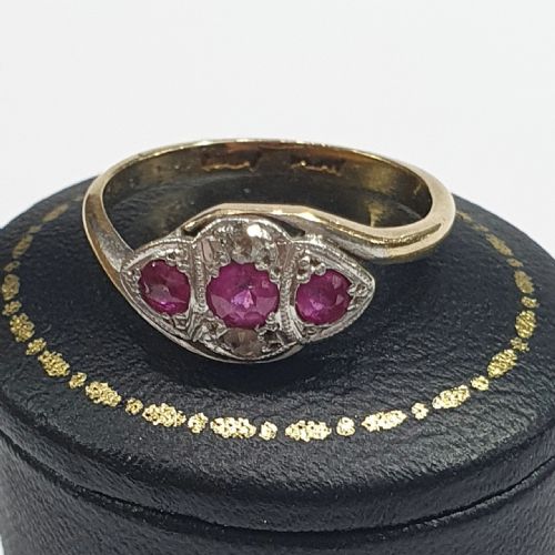 EDWARDIAN ART DECO PLATINUM SET RUBY DIAMOND 18CT GOLD TRILOGY SIZE K - ADDITIONAL PHOTO 3