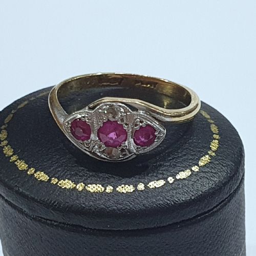 EDWARDIAN ART DECO PLATINUM SET RUBY DIAMOND 18CT GOLD TRILOGY SIZE K - ADDITIONAL PHOTO 4