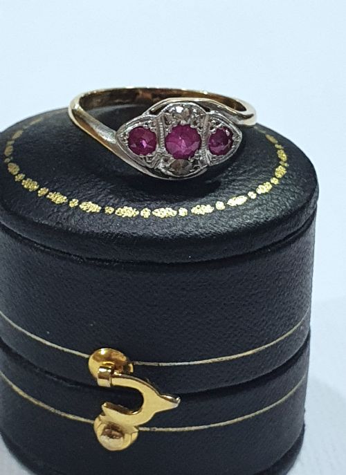 EDWARDIAN ART DECO PLATINUM SET RUBY DIAMOND 18CT GOLD TRILOGY SIZE K - ADDITIONAL PHOTO 5