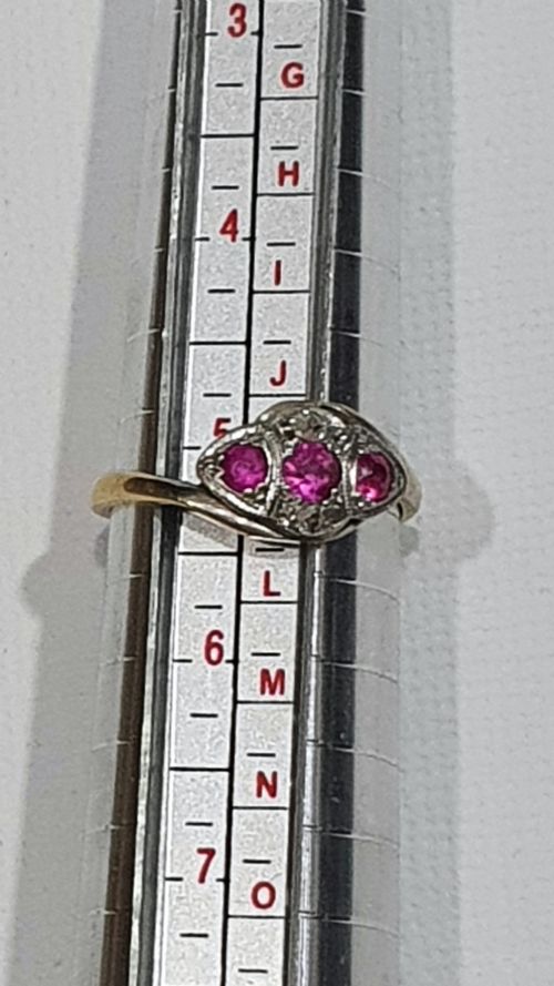 EDWARDIAN ART DECO PLATINUM SET RUBY DIAMOND 18CT GOLD TRILOGY SIZE K - ADDITIONAL PHOTO 7