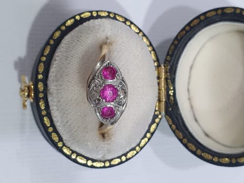 EDWARDIAN ART DECO PLATINUM SET RUBY DIAMOND 18CT GOLD TRILOGY SIZE K - ADDITIONAL PHOTO 11