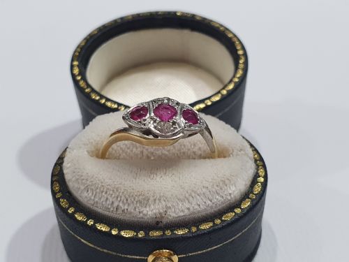 EDWARDIAN ART DECO PLATINUM SET RUBY DIAMOND 18CT GOLD TRILOGY SIZE K - ADDITIONAL PHOTO 13
