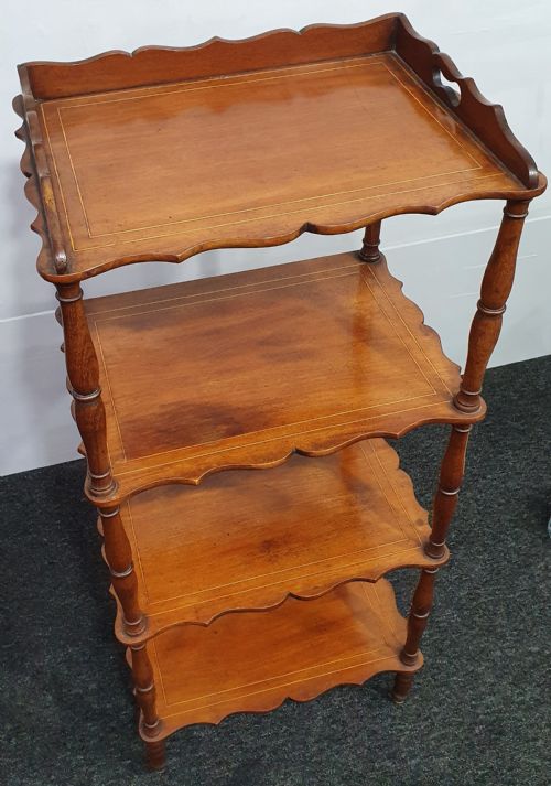 EDWARDIAN MAHOGANY WHATNOT INLAID AND WITH ORIGINAL CASTERS - ADDITIONAL PHOTO 3