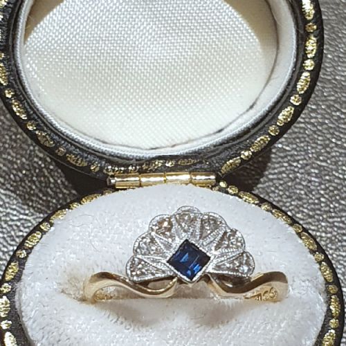 art deco sapphire diamond platinum 18ct gold fan ring size l - CATEGORY: ANTIQUE JEWELLERY - DATED 1920
