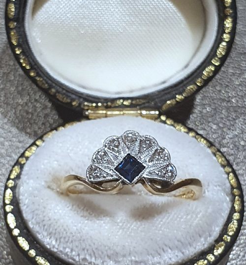 ART DECO SAPPHIRE DIAMOND PLATINUM 18CT GOLD FAN RING SIZE L - ADDITIONAL PHOTO 1