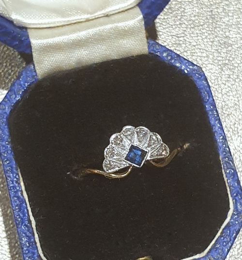 ART DECO SAPPHIRE DIAMOND PLATINUM 18CT GOLD FAN RING SIZE L - ADDITIONAL PHOTO 2