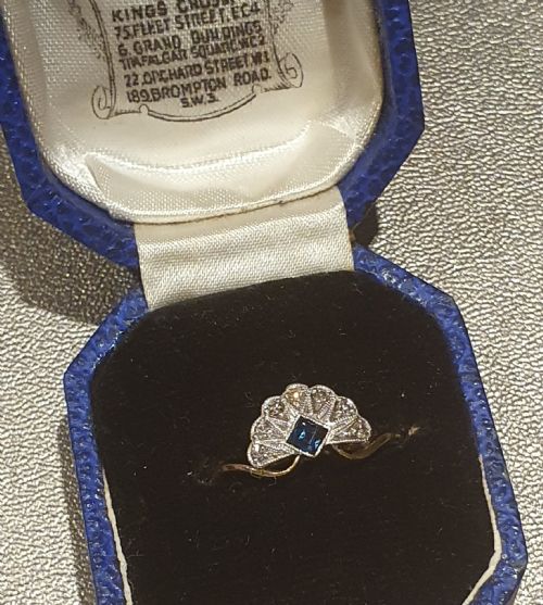 ART DECO SAPPHIRE DIAMOND PLATINUM 18CT GOLD FAN RING SIZE L - ADDITIONAL PHOTO 3