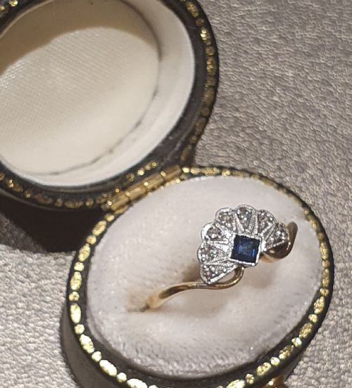 ART DECO SAPPHIRE DIAMOND PLATINUM 18CT GOLD FAN RING SIZE L - ADDITIONAL PHOTO 4
