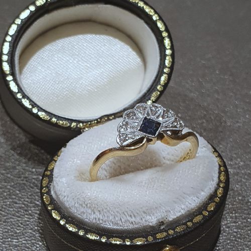 ART DECO SAPPHIRE DIAMOND PLATINUM 18CT GOLD FAN RING SIZE L - ADDITIONAL PHOTO 5