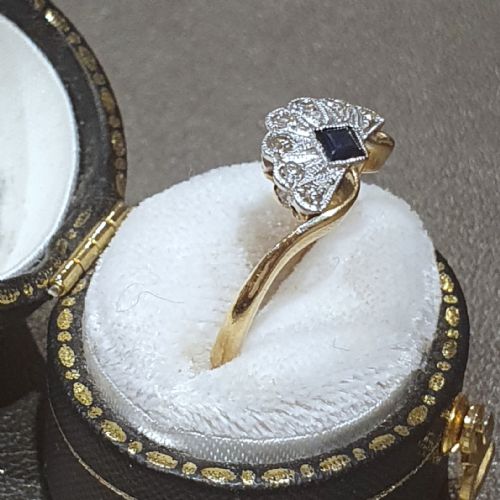 ART DECO SAPPHIRE DIAMOND PLATINUM 18CT GOLD FAN RING SIZE L - ADDITIONAL PHOTO 7