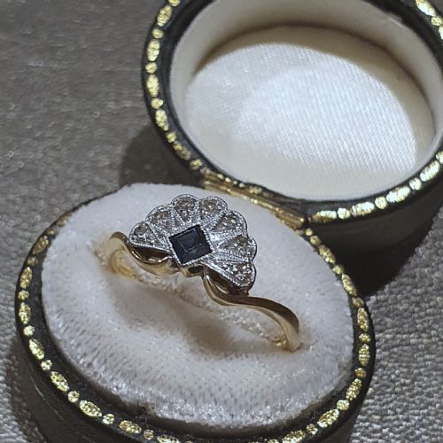 ART DECO SAPPHIRE DIAMOND PLATINUM 18CT GOLD FAN RING SIZE L - ADDITIONAL PHOTO 12