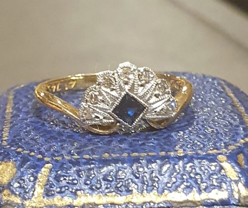 ART DECO SAPPHIRE DIAMOND PLATINUM 18CT GOLD FAN RING SIZE L - ADDITIONAL PHOTO 13