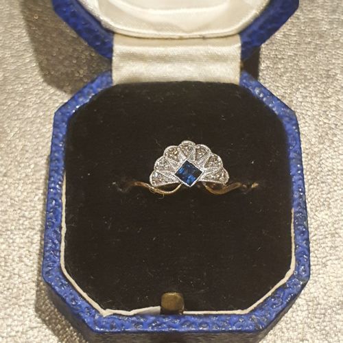 ART DECO SAPPHIRE DIAMOND PLATINUM 18CT GOLD FAN RING SIZE L - ADDITIONAL PHOTO 14
