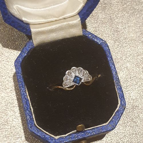 ART DECO SAPPHIRE DIAMOND PLATINUM 18CT GOLD FAN RING SIZE L - ADDITIONAL PHOTO 15
