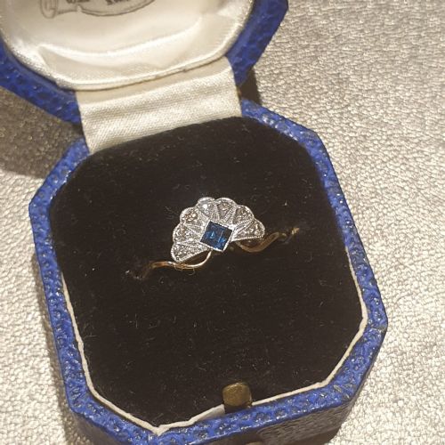 ART DECO SAPPHIRE DIAMOND PLATINUM 18CT GOLD FAN RING SIZE L - ADDITIONAL PHOTO 16