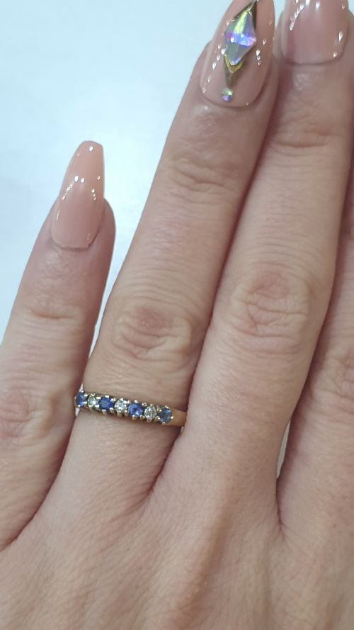VINTAGE CEYLON SAPPHIRE DIAMOND 9CT HALF ETERNITY RING SIZE M - ADDITIONAL PHOTO 4