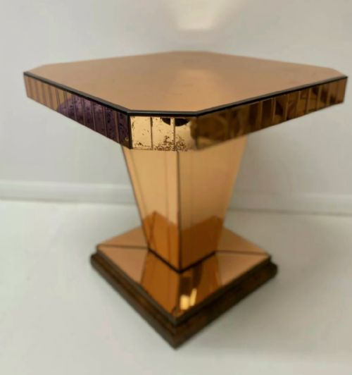 1930s art deco rose gold mirrored table on plinth with wooden base - CATEGORY: ANTIQUE TABLES - DATED 1930