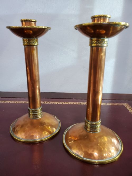 pair arts crafts copper candlesticks c1910 - CATEGORY: ANTIQUE LIGHTING - DATED 1910