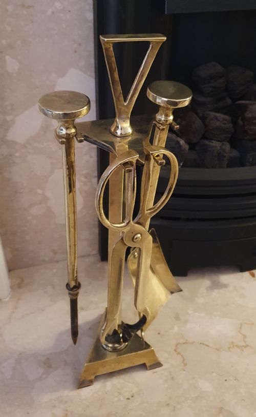 ARTS CRAFTS BRASS 3 PIECE FIRE COMPANION SET OF FIRE TOOLS C1910 - ADDITIONAL PHOTO 2