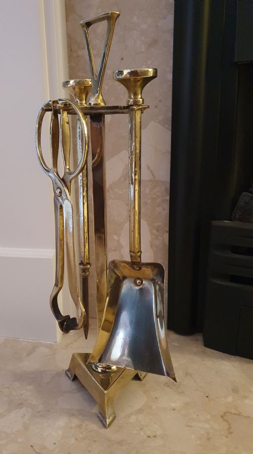 arts crafts brass 3 piece fire companion set of fire tools c1910 - CATEGORY: ANTIQUE FIREPLACES - DATED 1910