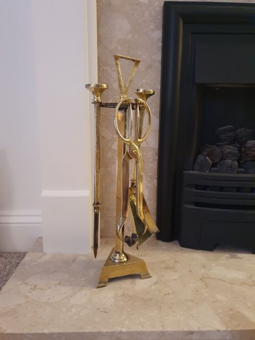 ARTS CRAFTS BRASS 3 PIECE FIRE COMPANION SET OF FIRE TOOLS C1910 - ADDITIONAL PHOTO 5
