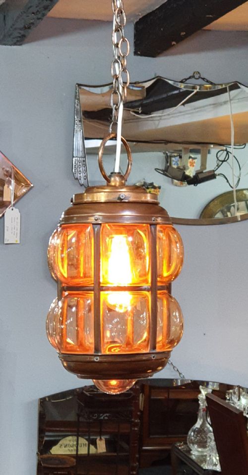 ARTS CRAFTS COPPER LANTERN WITH HANDBLOWN GLASS C1910 - ADDITIONAL PHOTO 1