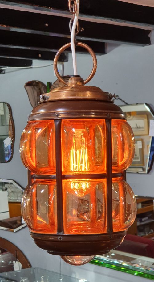 arts crafts copper lantern with handblown glass c1910 - CATEGORY: ANTIQUE LIGHTING - DATED 1910