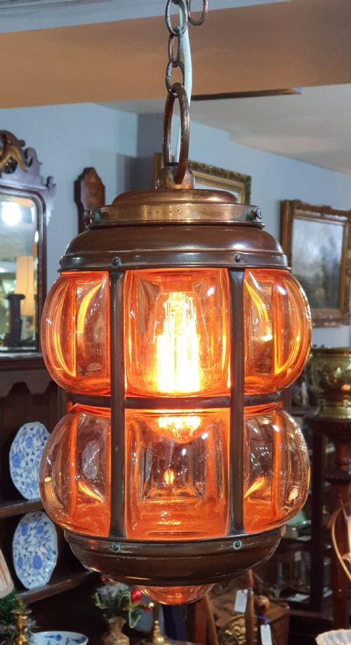 ARTS CRAFTS COPPER LANTERN WITH HANDBLOWN GLASS C1910 - ADDITIONAL PHOTO 2