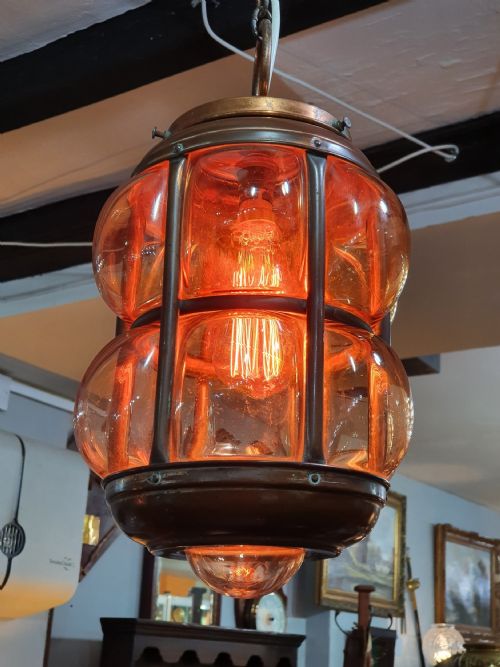 ARTS CRAFTS COPPER LANTERN WITH HANDBLOWN GLASS C1910 - ADDITIONAL PHOTO 4